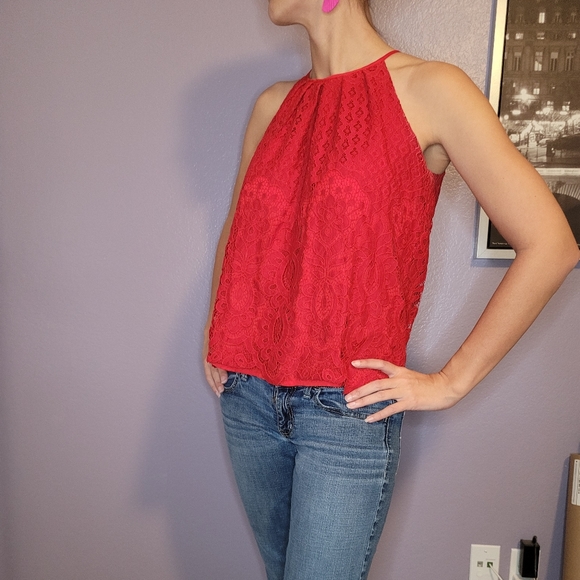 Francesca's Collection Blue Rain Lace High Neck Tank Top - Picture 6 of 10